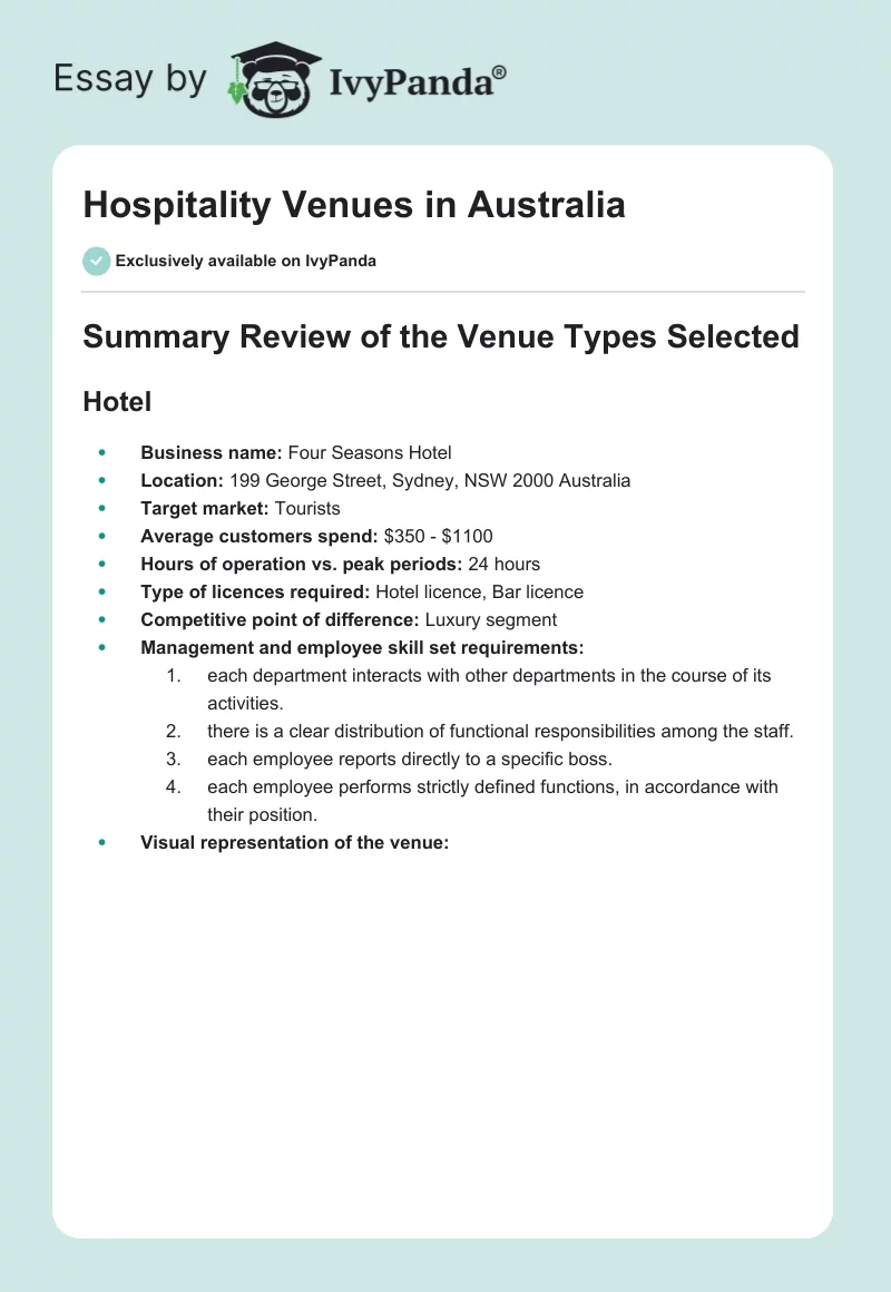 Hospitality Venues in Australia. Page 1
