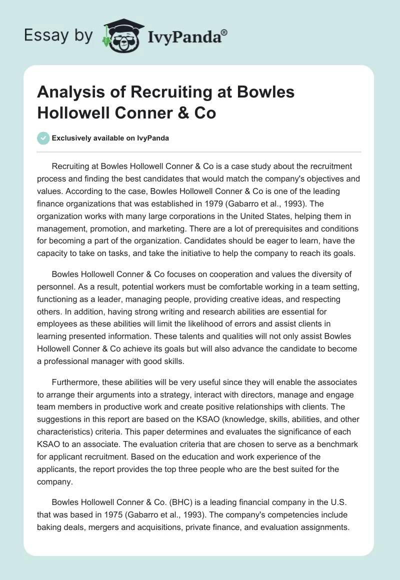 Analysis of Recruiting at Bowles Hollowell Conner & Co. Page 1