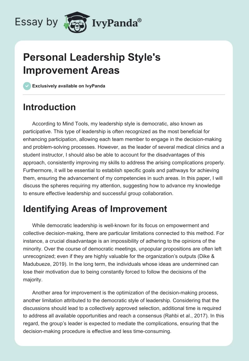 Personal Leadership Style's Improvement Areas. Page 1