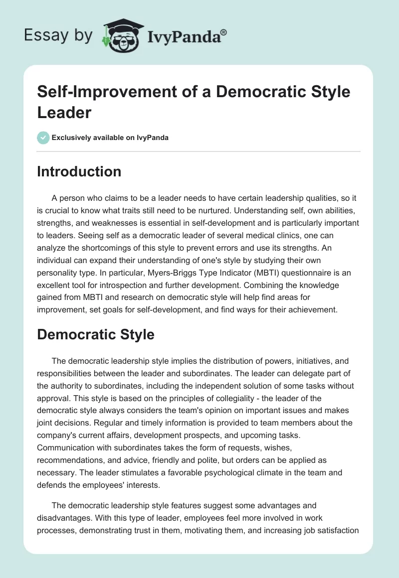Self-Improvement of a Democratic Style Leader. Page 1