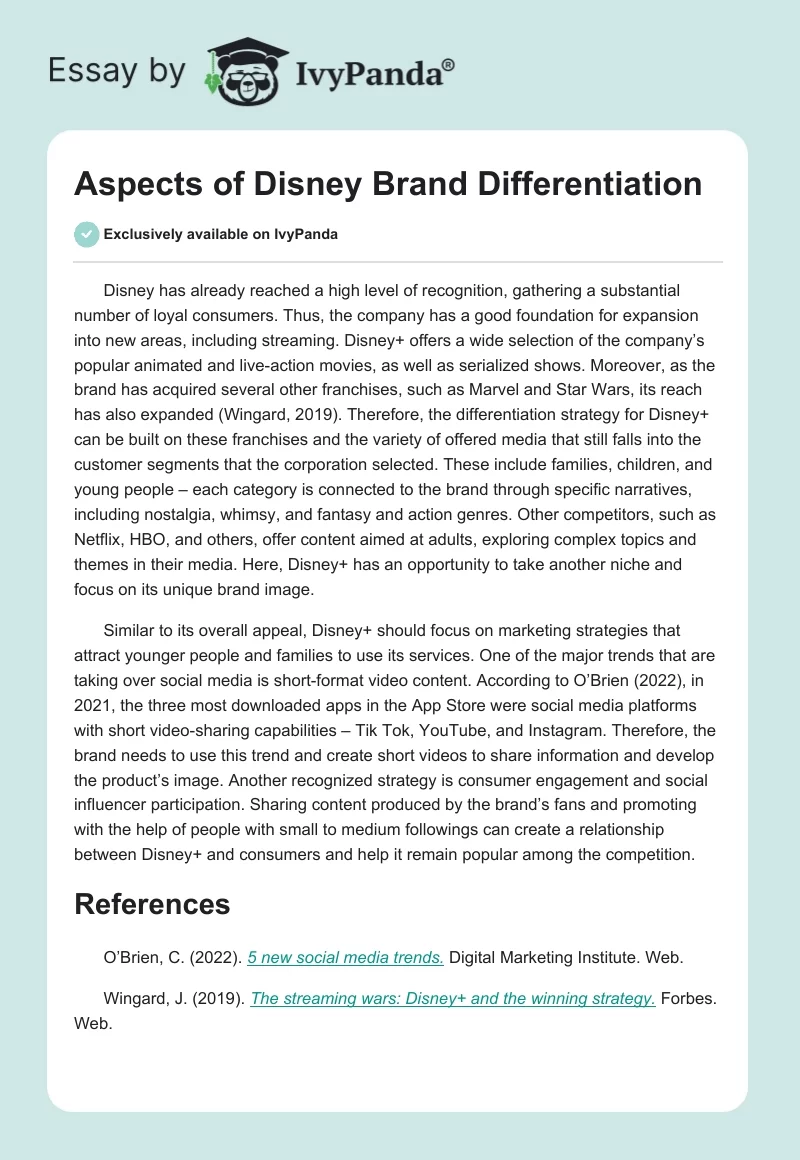 Aspects of Disney Brand Differentiation. Page 1