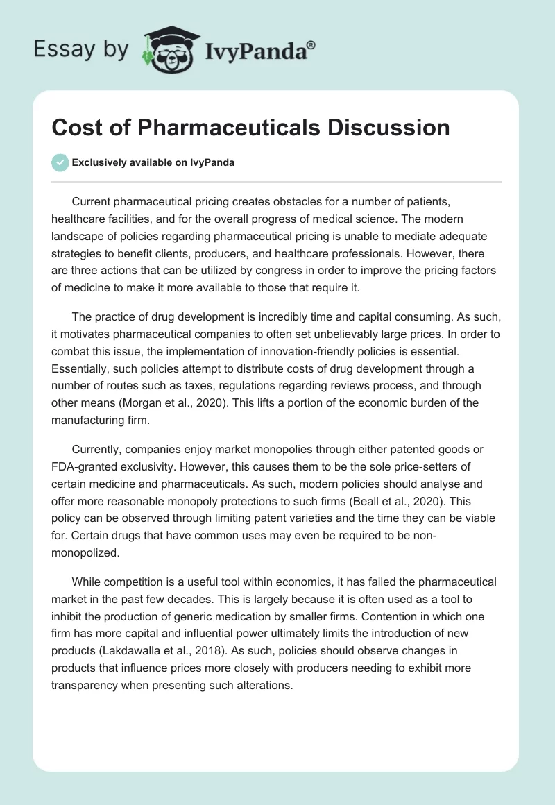 Cost of Pharmaceuticals Discussion. Page 1