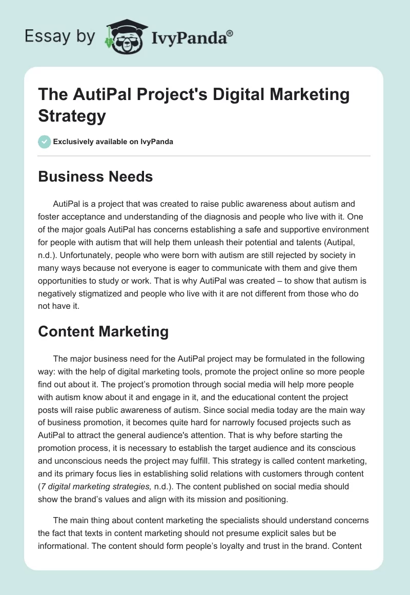 The AutiPal Project's Digital Marketing Strategy. Page 1