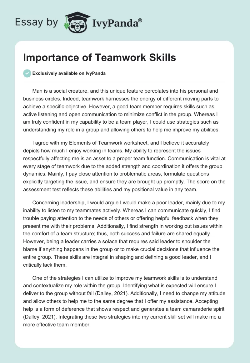 Importance of Teamwork Skills. Page 1