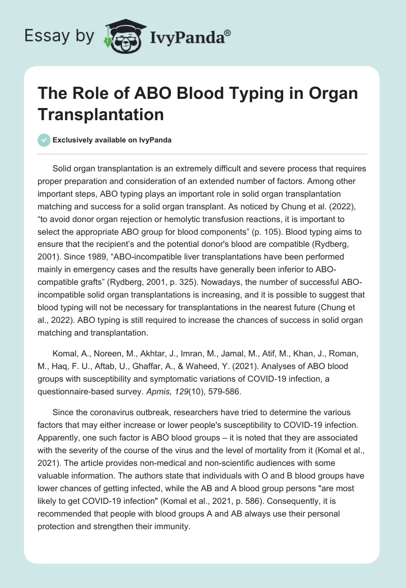 The Role of ABO Blood Typing in Organ Transplantation. Page 1