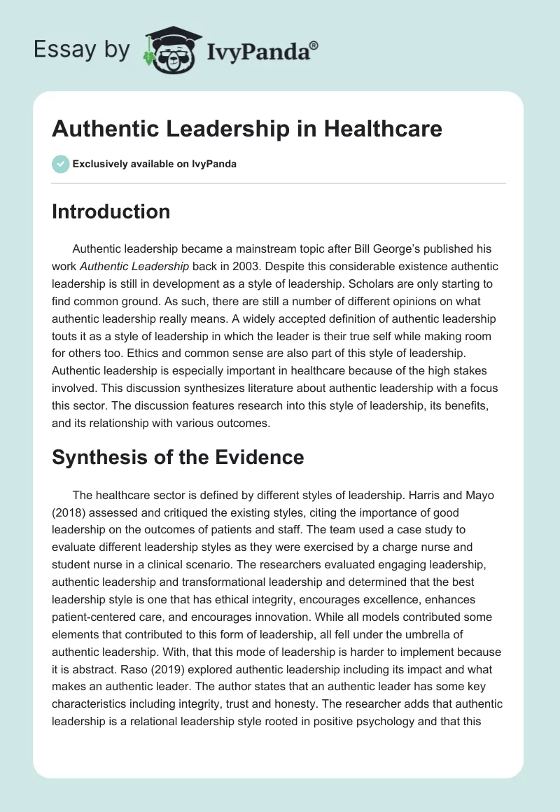Authentic Leadership in Healthcare. Page 1