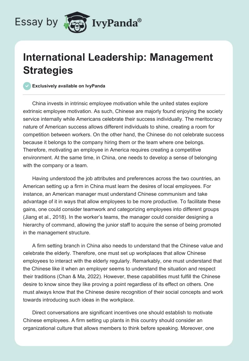 International Leadership: Management Strategies. Page 1