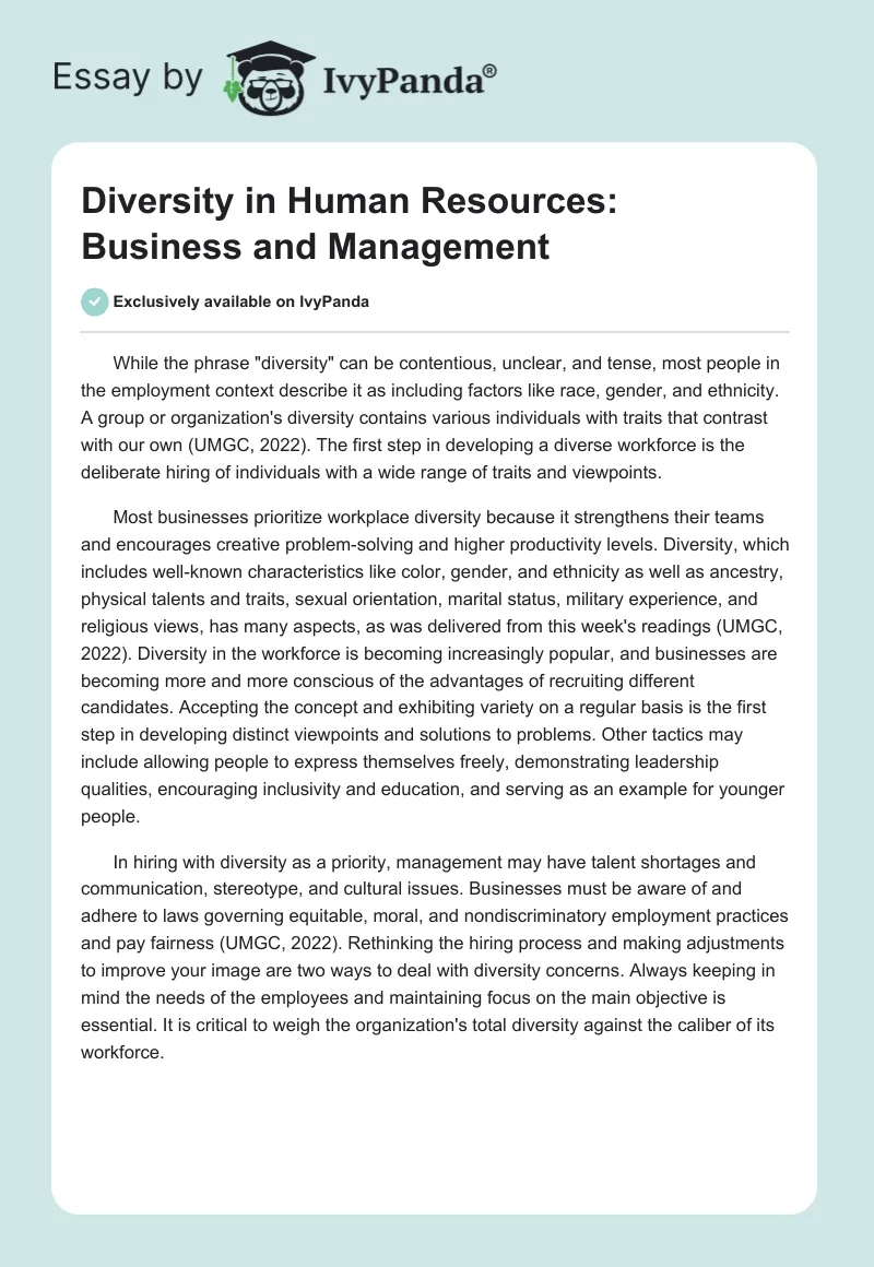 Diversity in Human Resources: Business and Management. Page 1