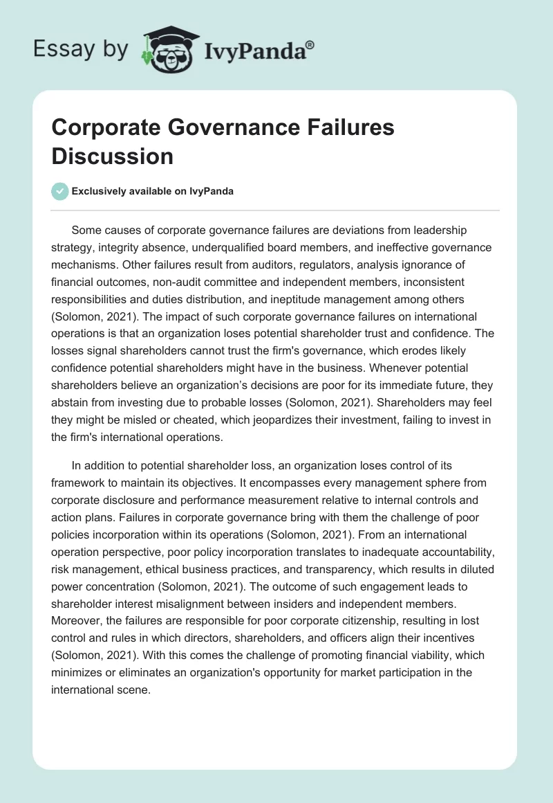 Corporate Governance Failures Discussion. Page 1