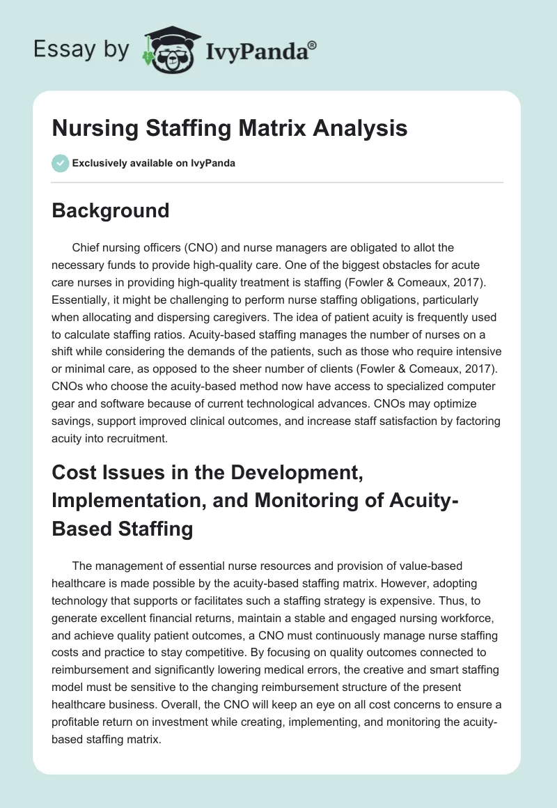 Nursing Staffing Matrix Analysis. Page 1