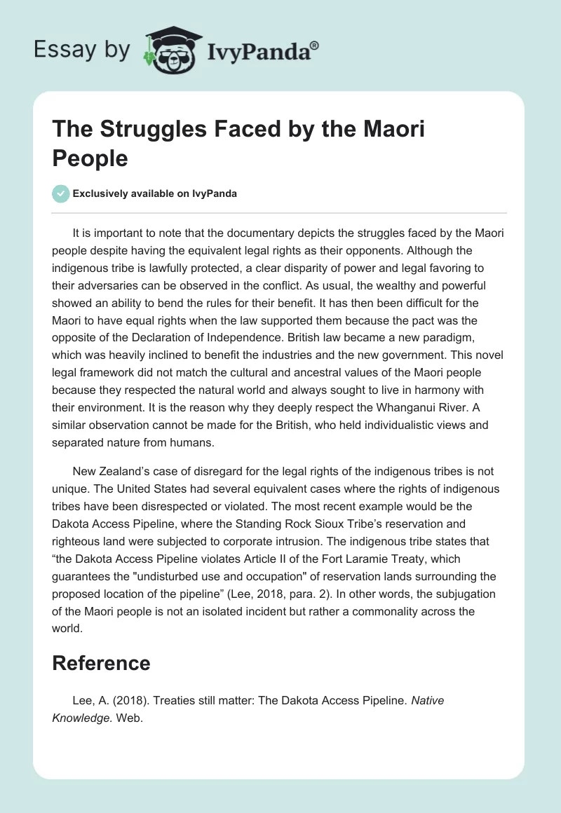 The Struggles Faced by the Maori People. Page 1