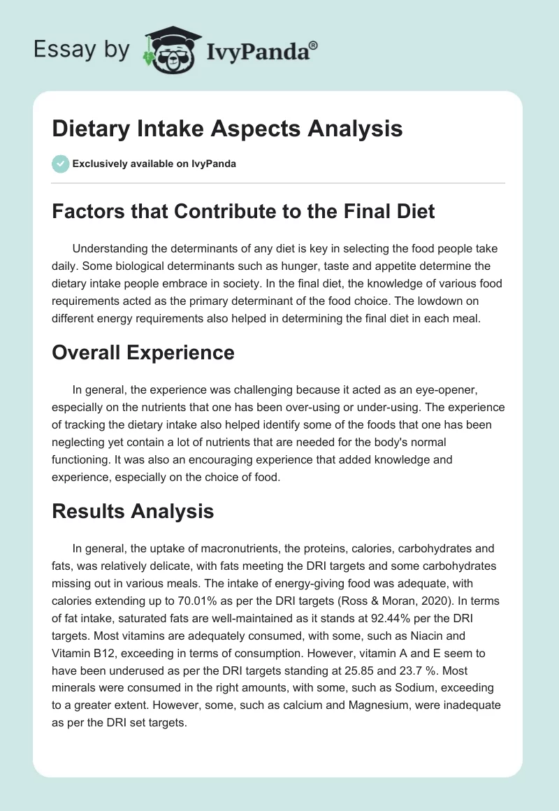Dietary Intake Aspects Analysis. Page 1