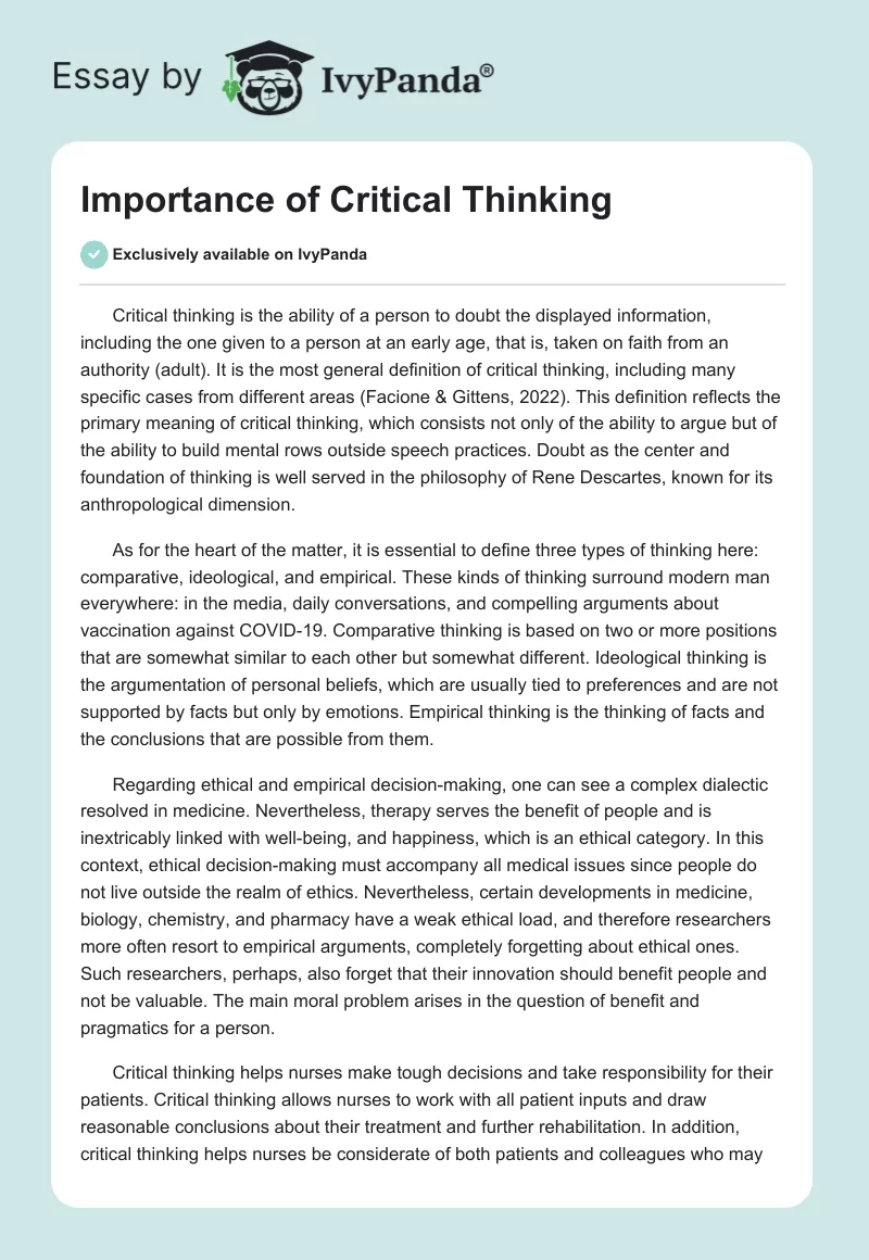 Importance of Critical Thinking. Page 1