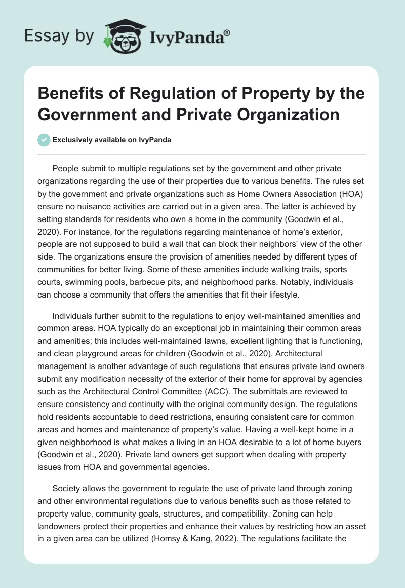 Benefits of Regulation of Property by the Government and Private Organization. Page 1
