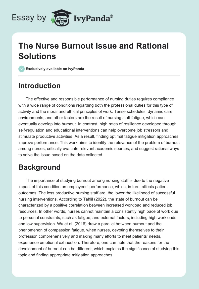 The Nurse Burnout Issue and Rational Solutions. Page 1
