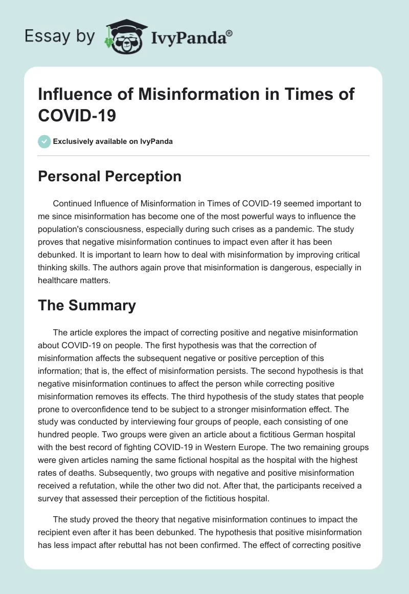 Influence of Misinformation in Times of COVID‐19. Page 1