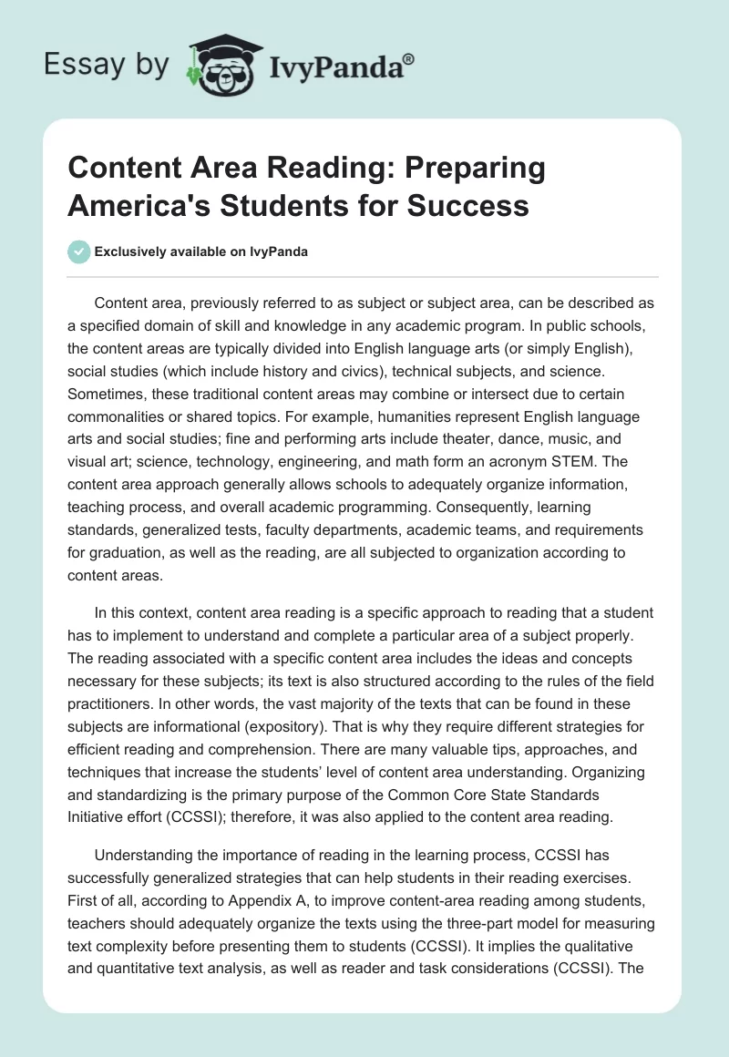 Content Area Reading: Preparing America's Students for Success. Page 1