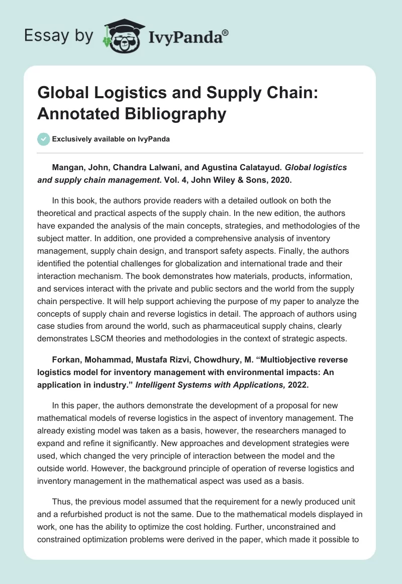 Global Logistics and Supply Chain: Annotated Bibliography. Page 1