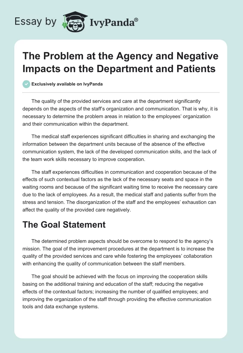 The Problem at the Agency and Negative Impacts on the Department and Patients. Page 1