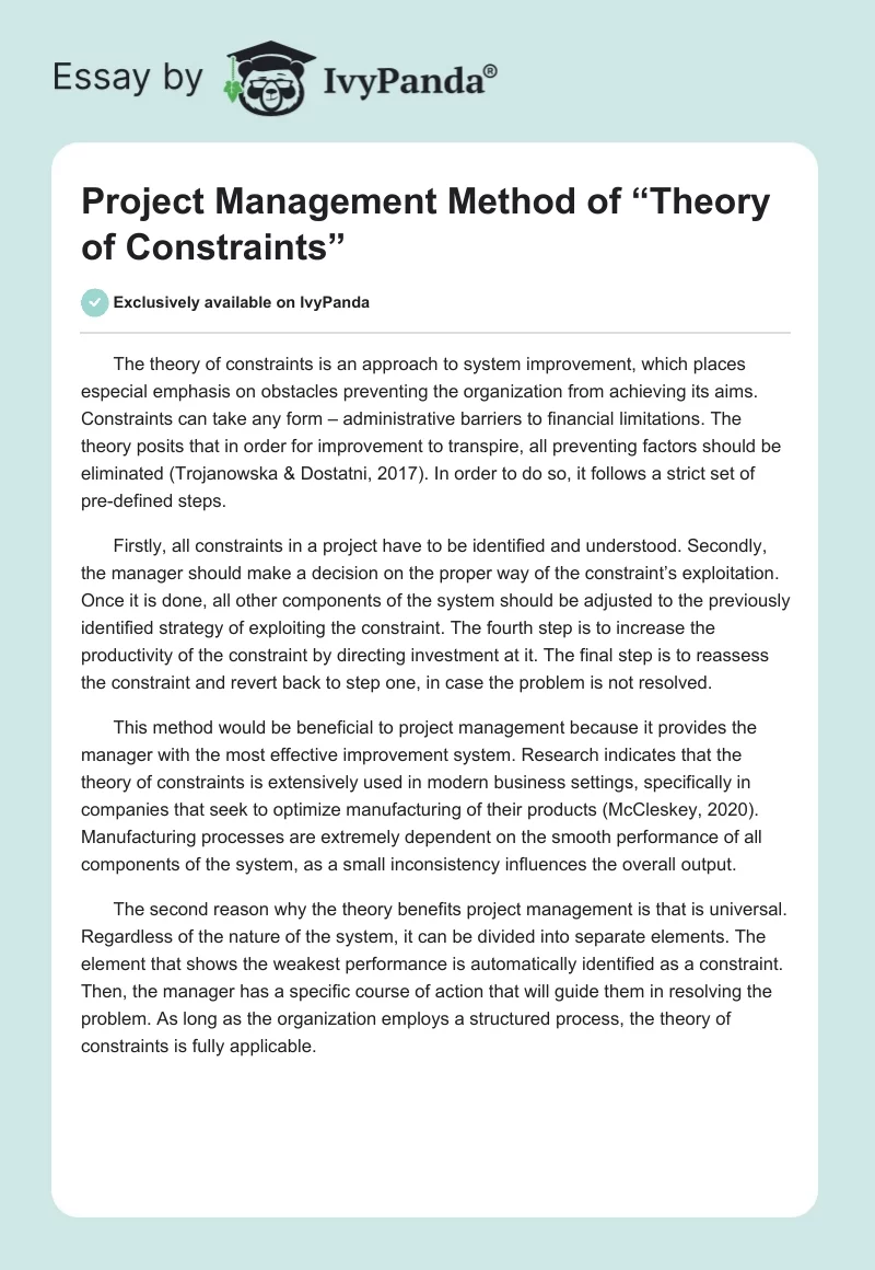 Project Management Method of “Theory of Constraints”. Page 1