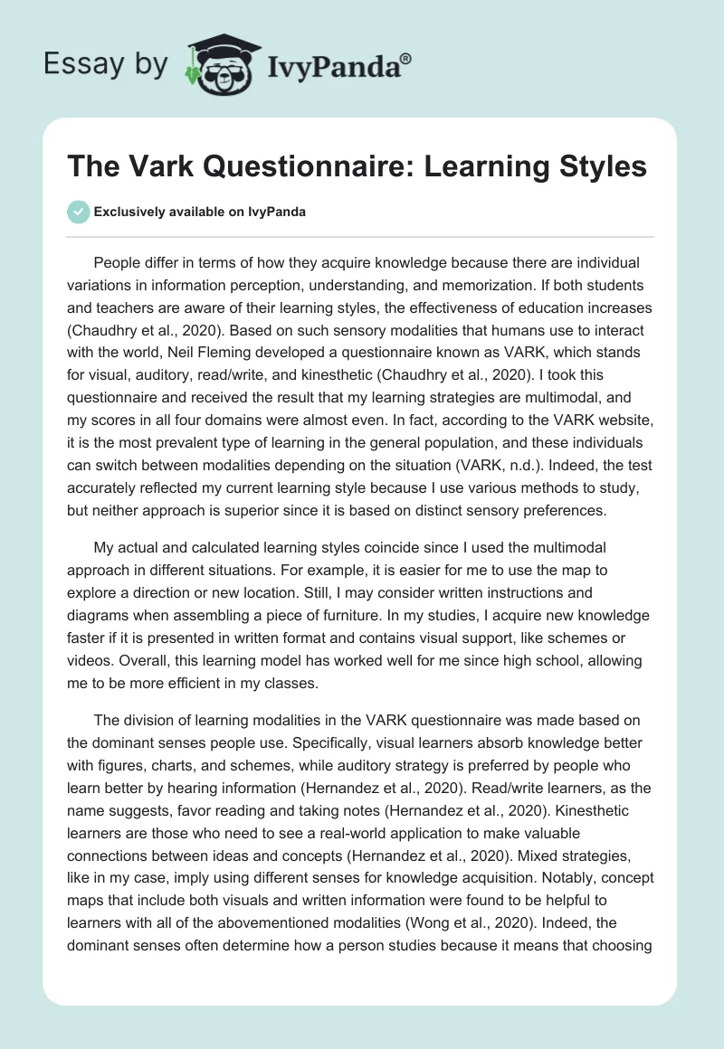 The Vark Questionnaire: Learning Styles. Page 1