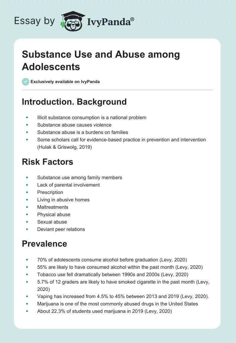 Substance Use and Abuse Among Adolescents. Page 1