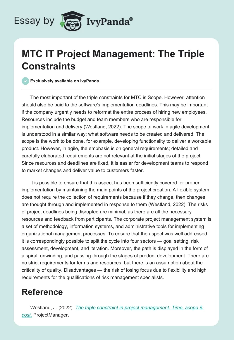 MTC IT Project Management: The Triple Constraints. Page 1