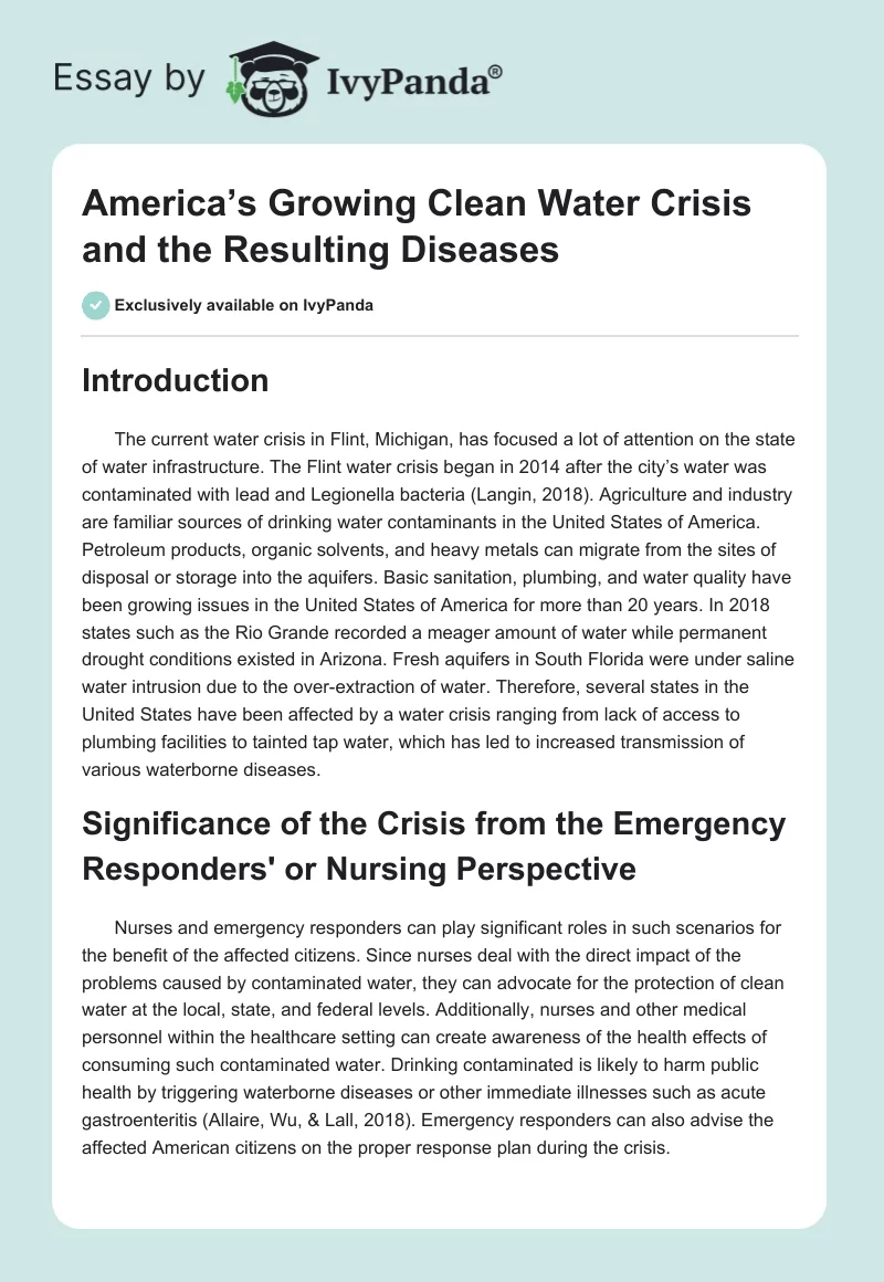 America’s Growing Clean Water Crisis and the Resulting Diseases. Page 1
