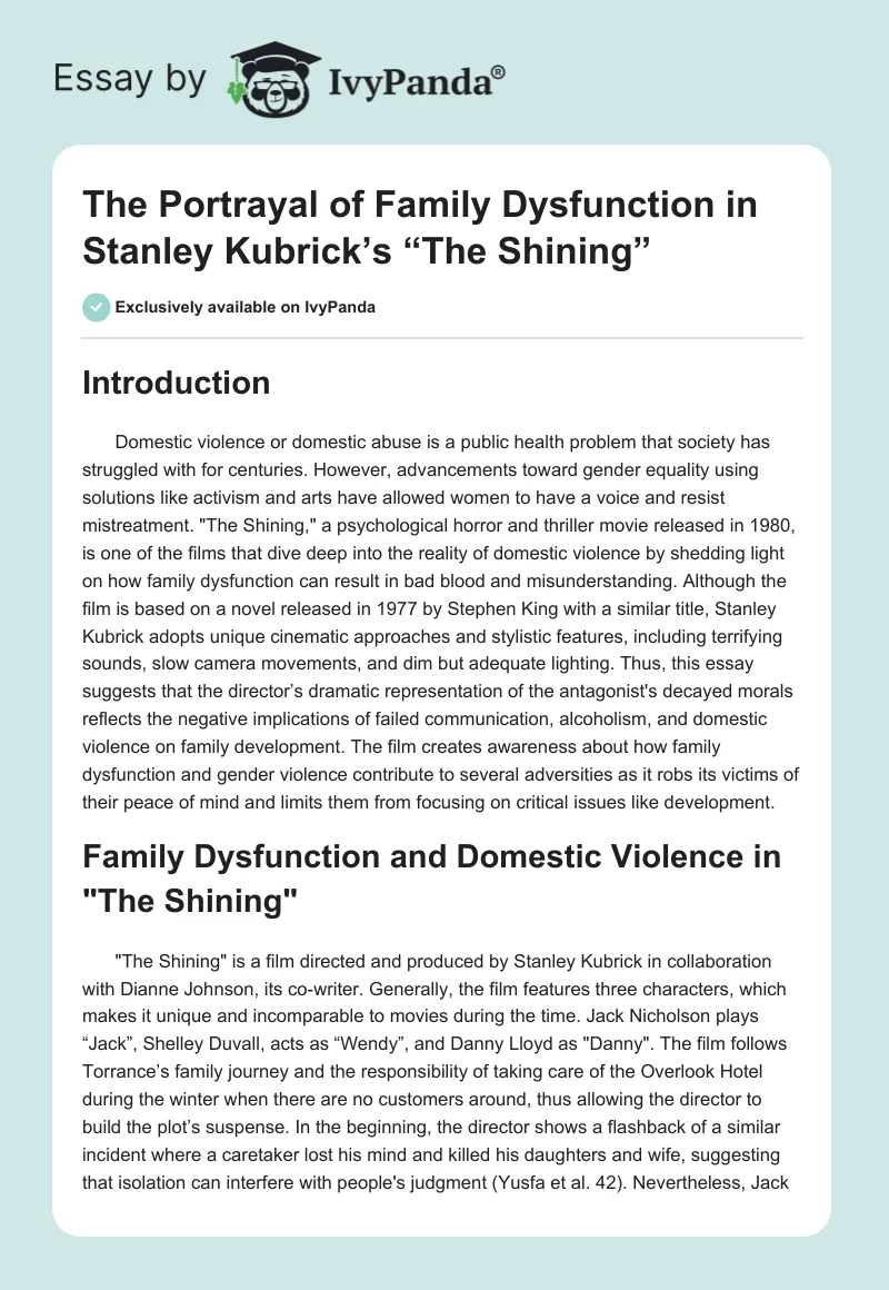 The Portrayal of Family Dysfunction in Stanley Kubrick’s “The Shining”. Page 1