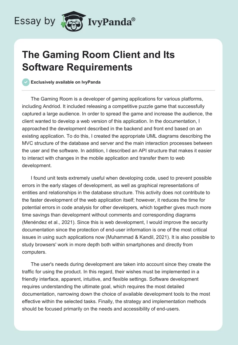 The Gaming Room Client and Its Software Requirements. Page 1