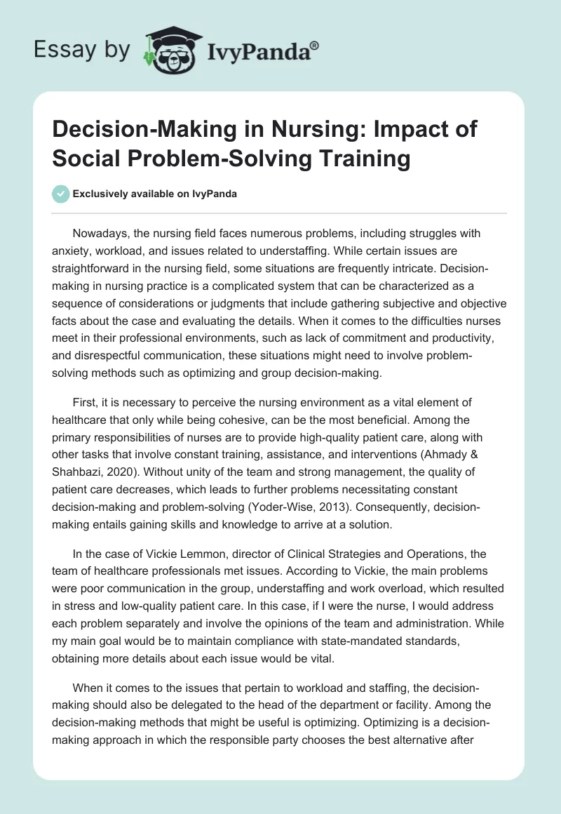 Decision-Making in Nursing: Impact of Social Problem-Solving Training. Page 1