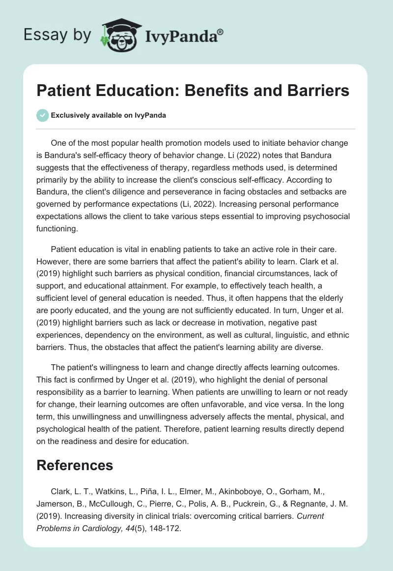 Patient Education: Benefits and Barriers. Page 1