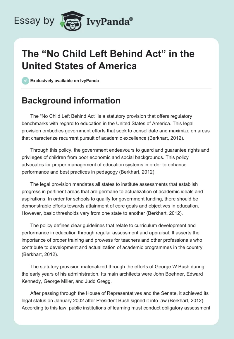 The “No Child Left Behind Act” in the United States of America. Page 1