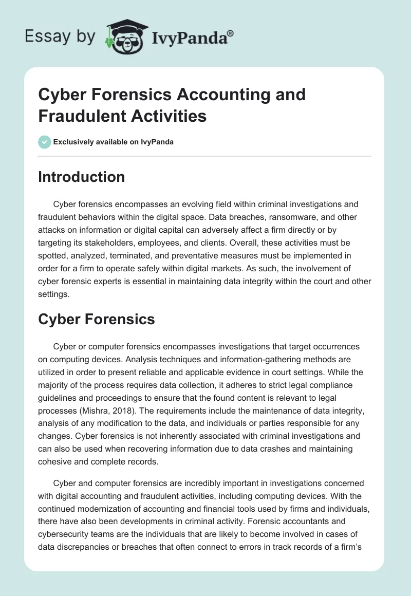 Cyber Forensics Accounting and Fraudulent Activities. Page 1