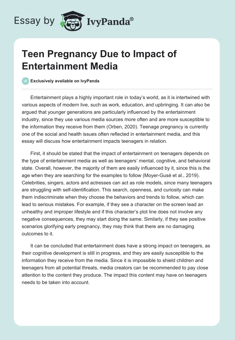 Teen Pregnancy Due to the Impact of Entertainment Media. Page 1