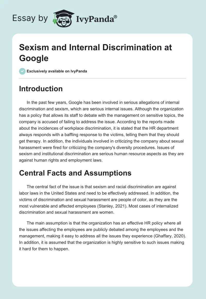 Sexism and Internal Discrimination at Google. Page 1