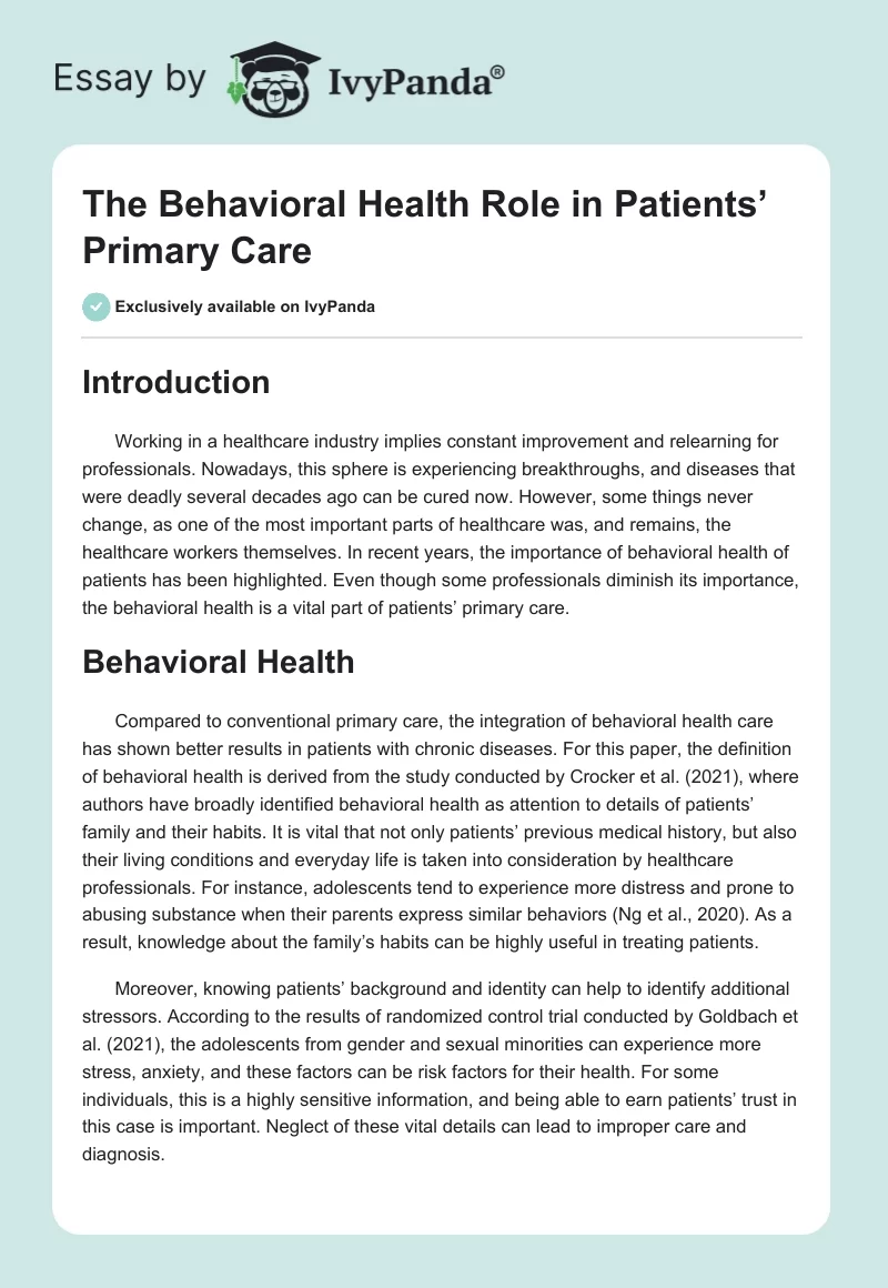 The Behavioral Health Role in Patients’ Primary Care. Page 1