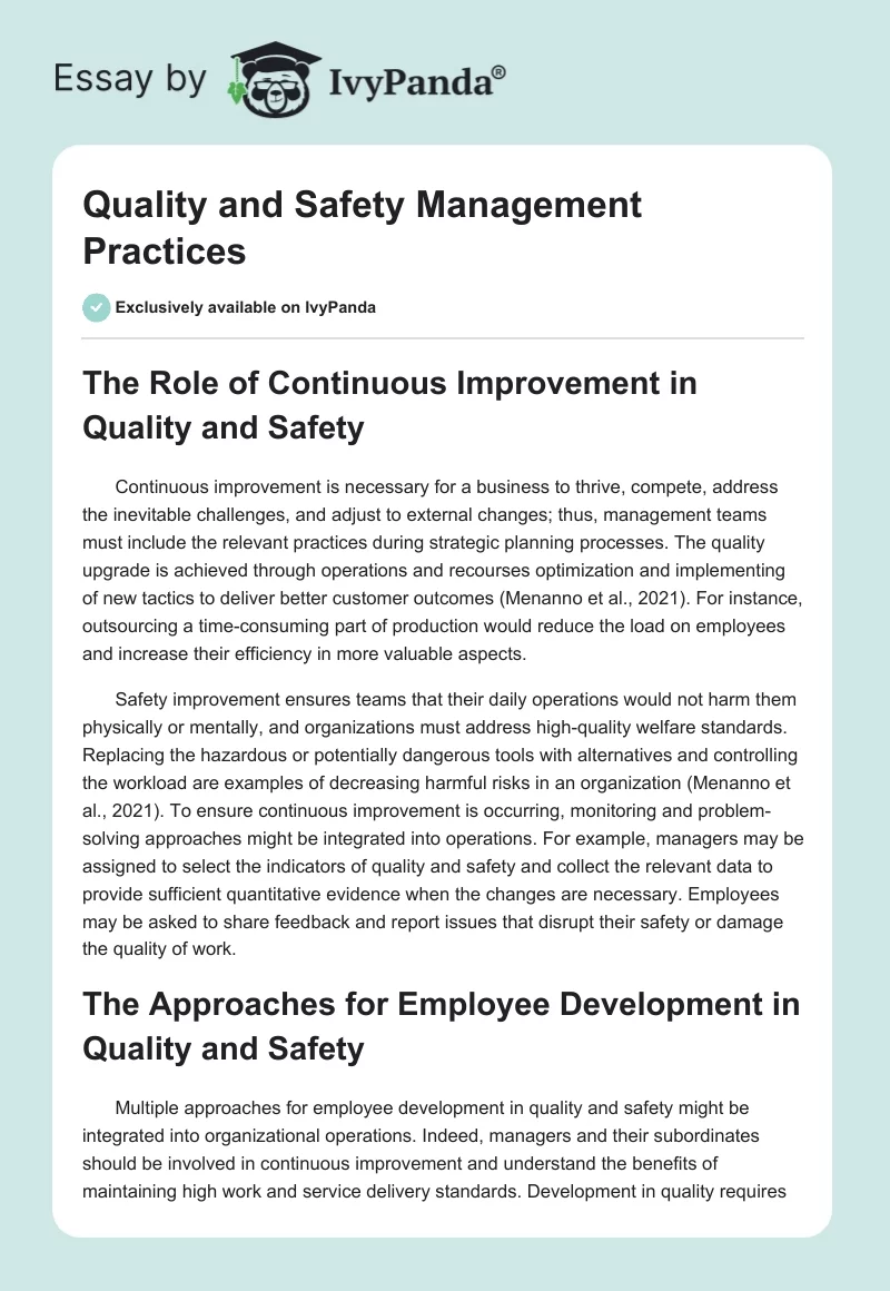 Quality and Safety Management Practices. Page 1
