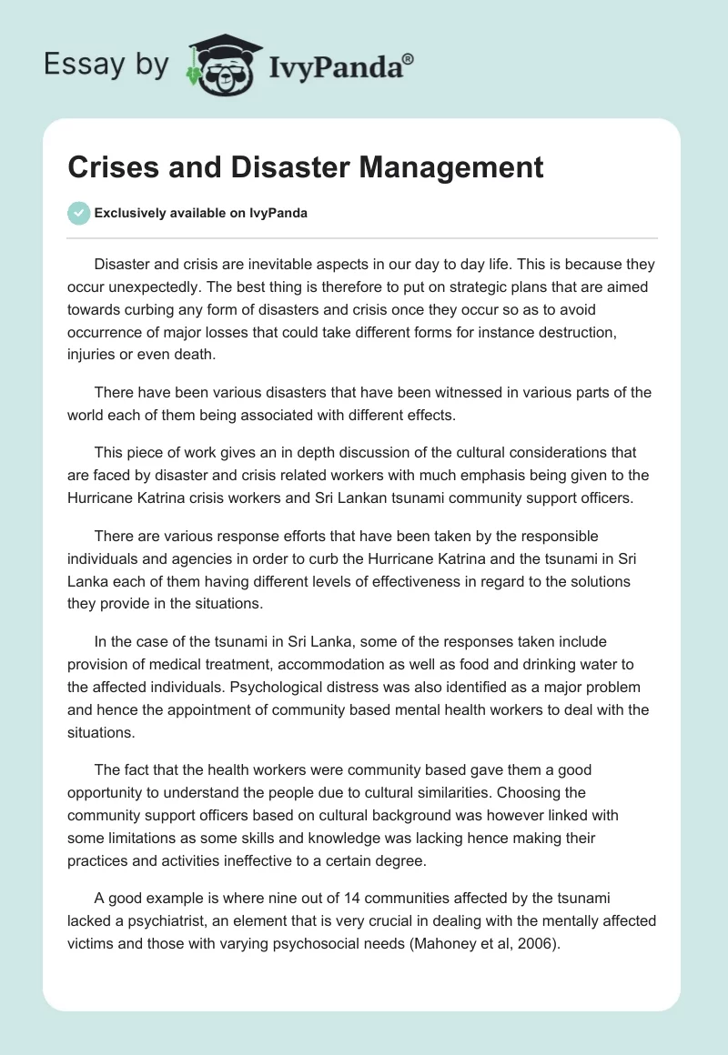 Crises and Disaster Management. Page 1