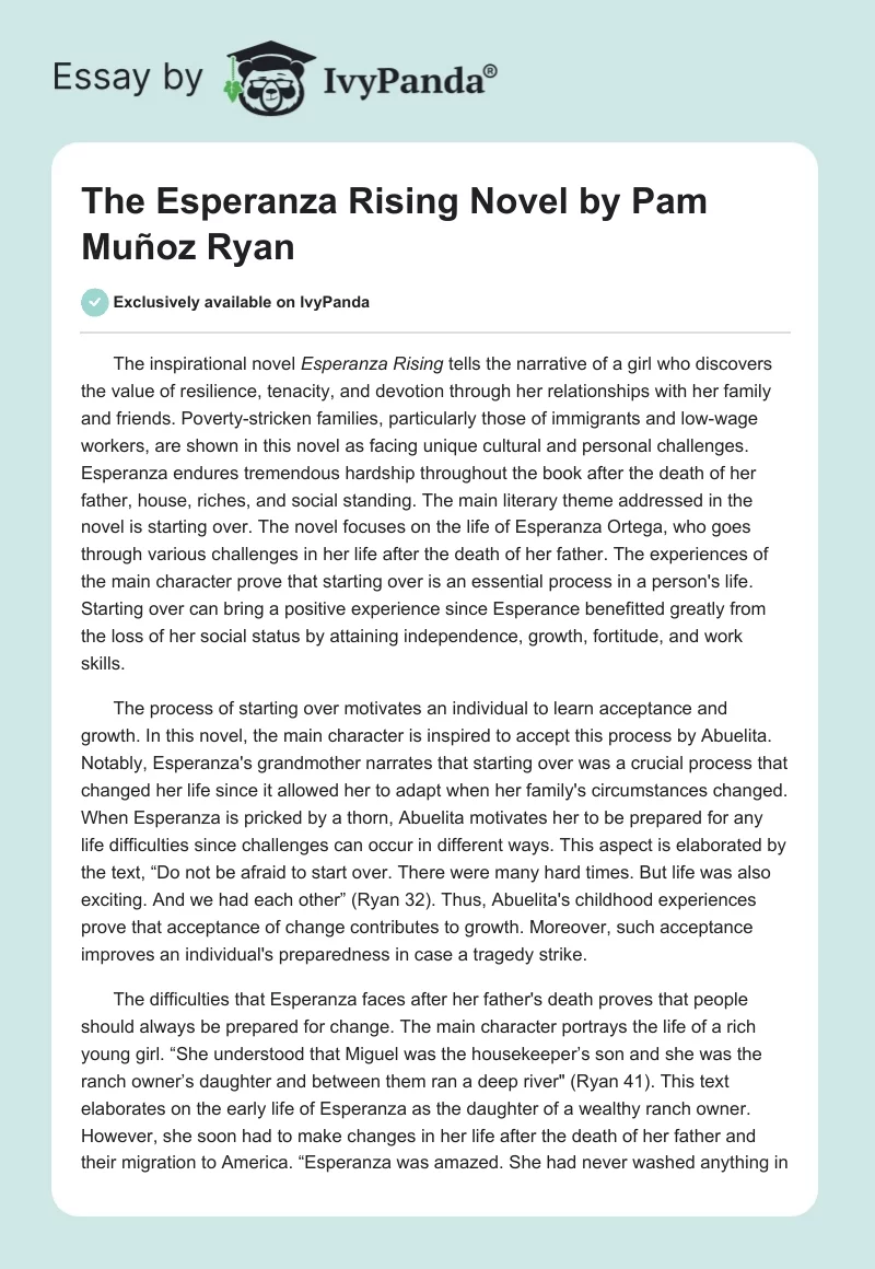 The "Esperanza Rising" Novel by Pam Muñoz Ryan. Page 1