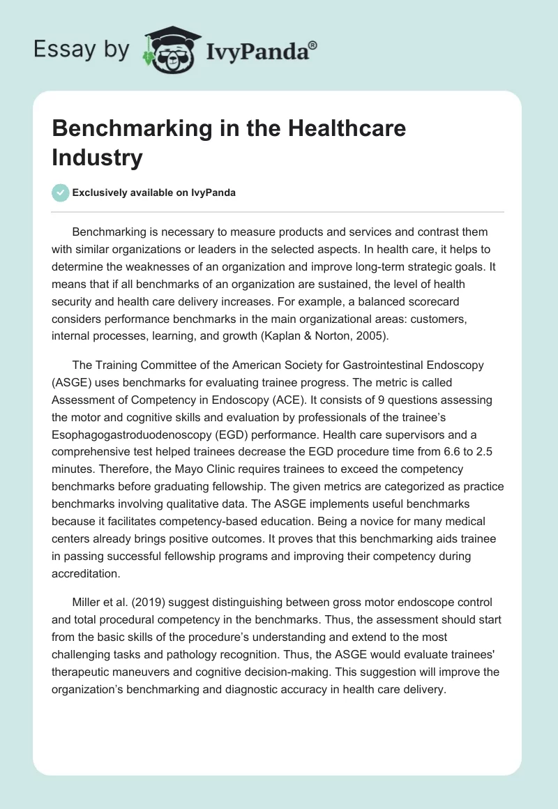 Benchmarking in the Healthcare Industry. Page 1