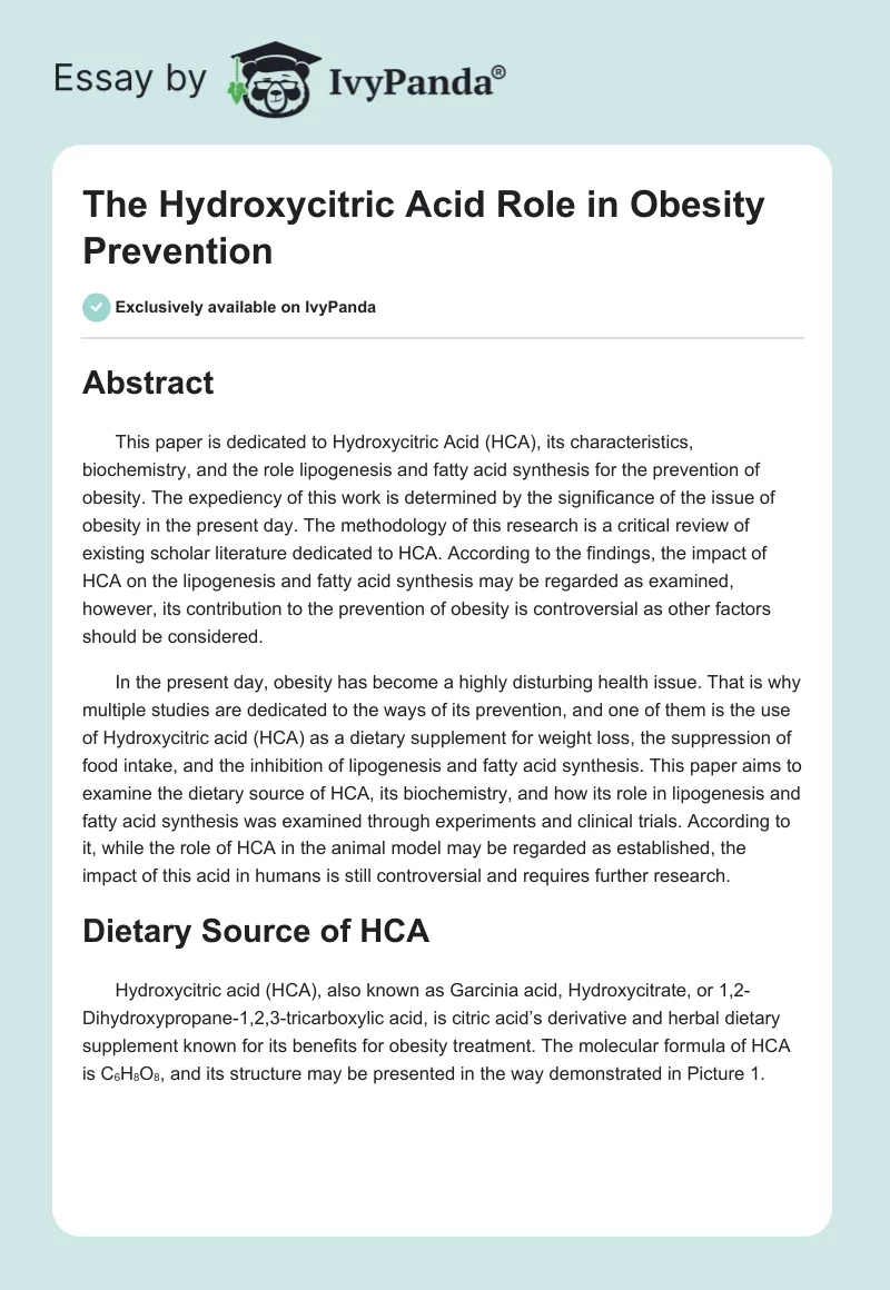 The Hydroxycitric Acid Role in Obesity Prevention. Page 1