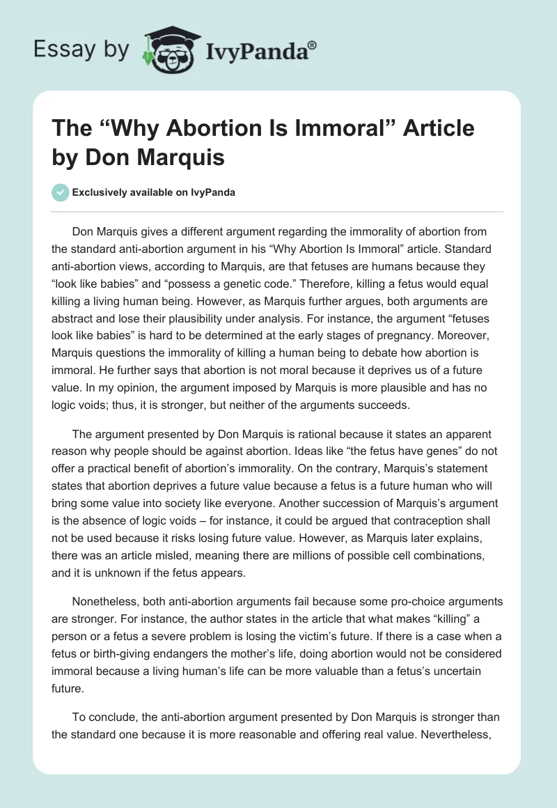 The “Why Abortion Is Immoral” Article by Don Marquis. Page 1