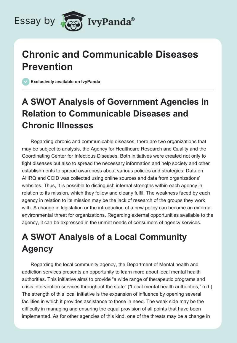 Chronic and Communicable Diseases Prevention. Page 1