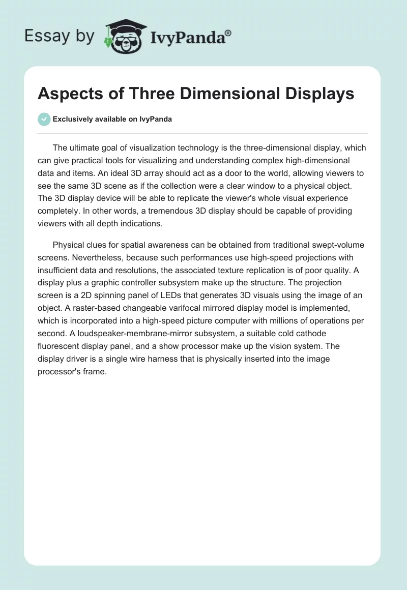 Aspects of Three Dimensional Displays. Page 1