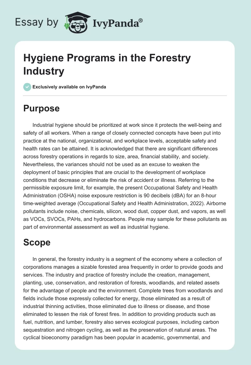 Hygiene Programs in the Forestry Industry. Page 1