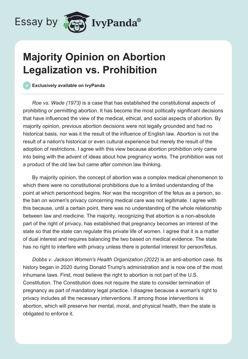 Majority Opinion on Abortion Legalization vs. Prohibition. Page 1