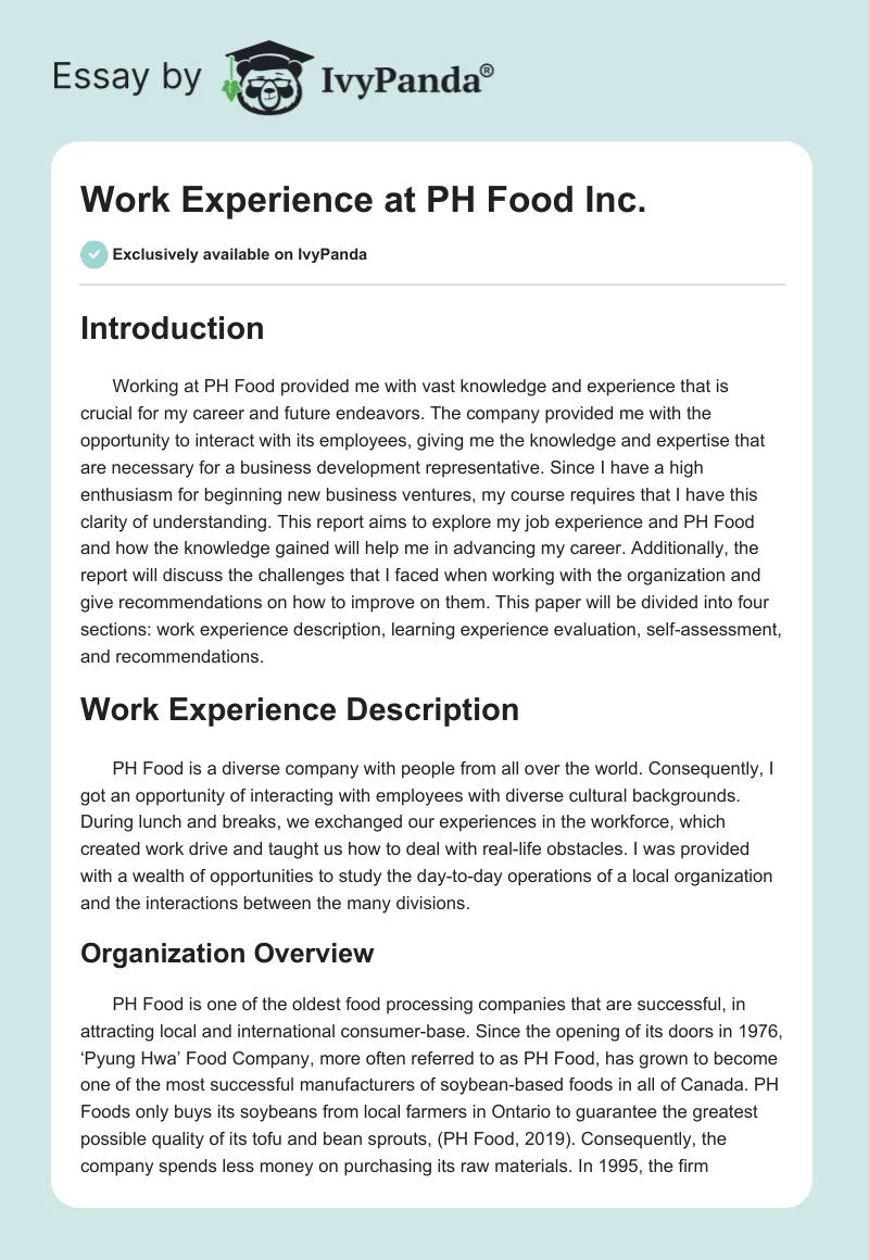 Work Experience at PH Food Inc.. Page 1