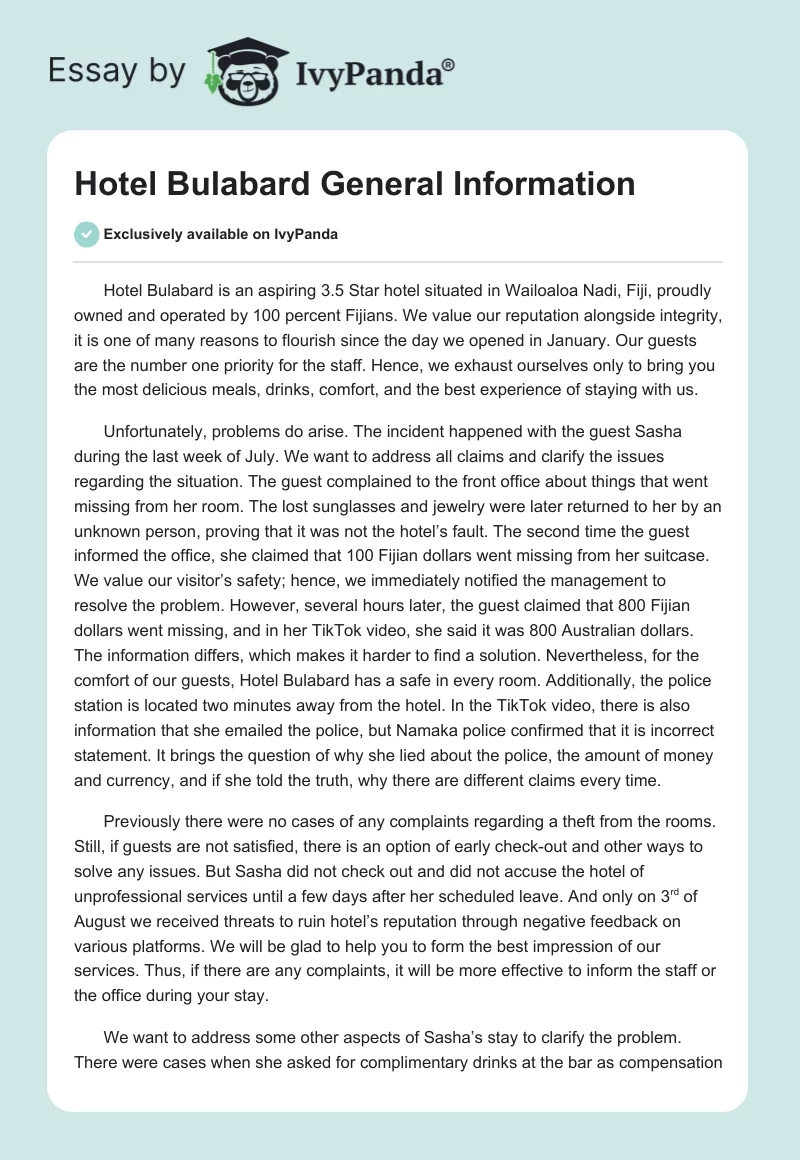 Hotel Bulabard General Information. Page 1