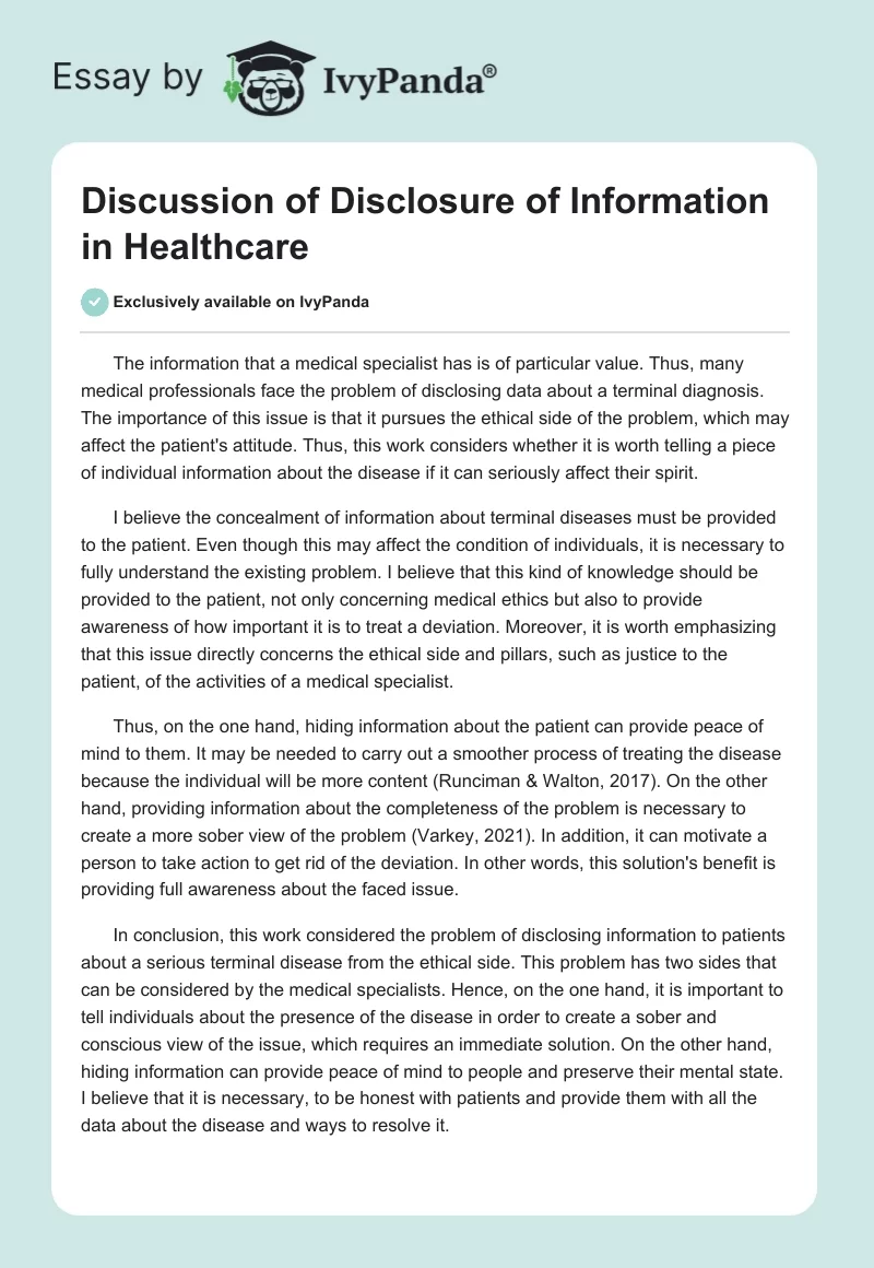 Discussion of Disclosure of Information in Healthcare. Page 1